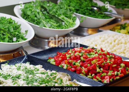 Vegetable salads on open buffet. Close-up of salad line on smorgasbord. Stock Photo