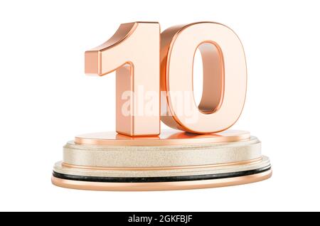 Golden 10 on the podium, award concept. 3D rendering isolated on white background Stock Photo