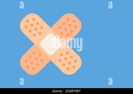 Isolated band aid or sticking plaster vector icon. Crossed adhesive bandage with copy space. Flat design illustration against blue background. Stock Vector