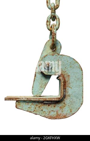 Isolated objects: old construction crane hook, weathered and rusty, on white background Stock Photo