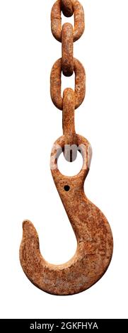 Isolated objects: old construction crane hook, weathered and rusty, on white background Stock Photo