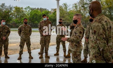 U.S. Air Force Lt. Gen. Timothy Haugh, commander of 16th Air Force (Air Forces Cyber), speaks to members of the 2nd Combat Weather Systems Squadron during his visit at Hurlburt Field, Florida, April 9, 2021. This visit allowed 2nd CWSS leadership to showcase their mission and create a line of communication directly between the geographically separated squadron and the Sixteenth Air Force. Stock Photo