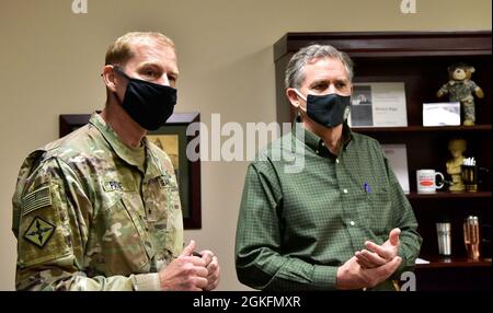 U.S. Representative French Hill (AR) speaks with the Arkansas National Guard's Deputy Adjutant General, Brig. Gen. John Payne, at the new Arkansas State University System's Military Transfer Center on the Robinson Maneuver Training Center in North Little Rock, Arkansas on April 10th. Stock Photo