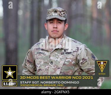 Staff Sgt. Norberto Domingo with 332nd Medical Brigade Headquarters, wins first place in the division-wide competition as the '3d MCDS Best Warrior Non-Commissioned Officer (NCO) 2021' and is awarded an Army Commendation Medal (ARCOM).  The competition consisted of an Army Combat Fitness Test, day and night land navigation, tactical combat casualty care scenarios, rifle marksmanship, 12-mile foot march carrying a 35 pound backpack, along with a written essay and exam.  The competition was held April 7-10, 2021 at Ft. McClellan, Ala. Stock Photo