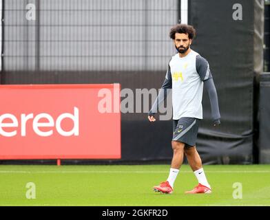 Kirkby, Knowsley, Merseyside, England, 14th September 2021: The AXA Training Centre, Kirkby, Knowsley, Merseyside, England: Liverpool FC training ahead of Champions League game versus AC Milan on 15th September: Mohammed Salah of Liverpool Stock Photo