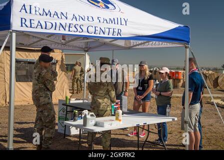 During the 944th FW Employer Day 2021 at Luke Air Force Base, Ariz., April 10, 2021, 944th Fighter Wing Airmen brief employers of Reserve Citizen Airmen about how to support their employees during deployments.  The employers also toured a field kitchen, watched security forces tactics demonstrations, and received briefings on weapons, aircraft maintenance, and the F-35 Lightning II and F-16 Fighting Falcon aircraft. Stock Photo