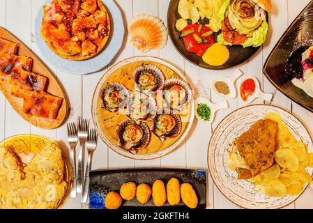 top view of typical Spanish food dishes with real empanada, scallops, Galician octopus, escalope, croquettes and Spanish potato omelette