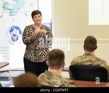 Terri Ann Naughton, Director of Psychological Health with the 910th Airlift Wing, instructs Reserve Citizen Airmen on the five love languages and how they relate to Airman retention by creating a positive working environment, April. 11, 2021, at the Kubli Morale and Wellness Center. The five love languages, as described by Terri Ann Naughton, Director of Psychological Health, are words of affirmation, quality time, acts of service, tangible gifts and physical touch. Stock Photo