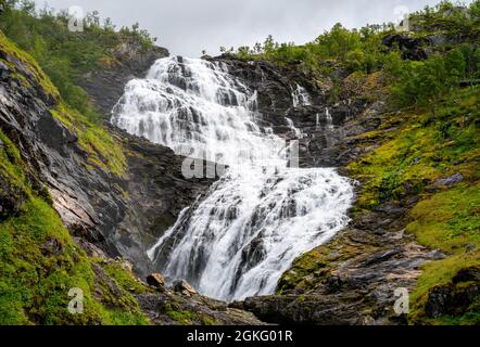 Large waterfall on the route between Myrdal and Flam, Norway Stock Photo
