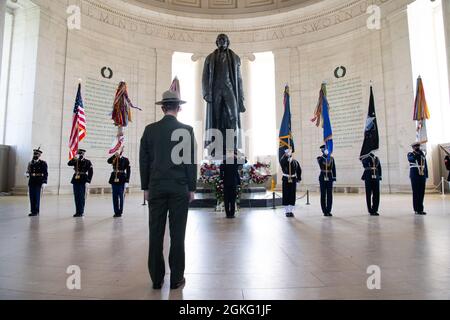 Maj. Gen. Omar J. Jones, the commander of Joint Force Headquarters - National Capitol Region and U.S. Army Military District of Washington, renders hand salute at the Thomas Jefferson Memorial, Washington D.C., April 13, 2021. An armed forces full honors wreath ceremony was held to commemorate the 3rd president of the United States Thomas Jefferson's 278th birthday. Stock Photo