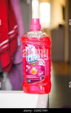 POZNAN, POLAND - Apr 13, 2016: A selective closeup of a plastic bottle of Cler floor cleaning liquid Stock Photo