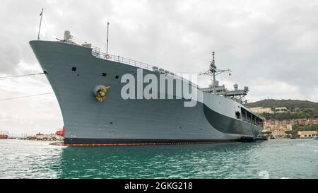 210413-N-EI510-0177 GAETA, Italy (April 13, 2021) The Blue Ridge-class command and control ship USS Mount Whitney is moored starboard side in Gaeta, Italy April 13, 2021. Mount Whitney, forward deployed to Gaeta, Italy operates with a combined crew of Sailors and Military Sealift Command civil service mariners in the U.S. Sixth Fleet area of operations in support of U.S. national security interests in Europe and Africa. Stock Photo