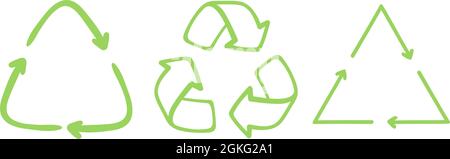 Doodle Recycle set of arrow symbols, using recycled resources. Green eco vector icon hand drawn style. Zero waste ecology concept. Vector illustration collection Stock Vector
