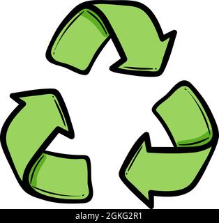 Doodle Recycle arrow symbol, using recycled resources. Green eco vector icon hand drawn style. Zero waste ecology concept. Vector illustration Stock Vector