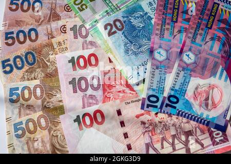 A pile of Hong Kong Dollars bank notes. Stock Photo