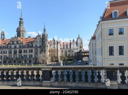 Scenic view towards Dresden castle along Taschenberg from Zwinger terrace near Glockenspiel pavilion in Dresden, Saxony, Germany. Stock Photo