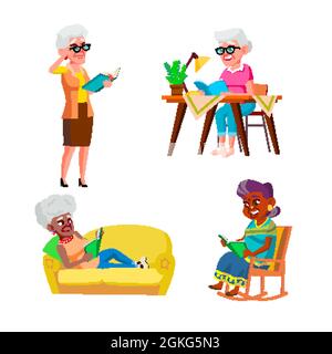 Old Woman Reading And Enjoying Book Set Vector Stock Vector