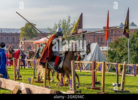 Celebration of the 800th anniversary of the birth of Alexander Nevsky in St. Petersburg. econstruction of a historical battle. Stock Photo