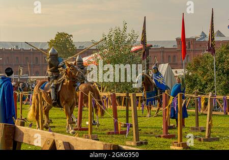 Celebration of the 800th anniversary of the birth of Alexander Nevsky in St. Petersburg. econstruction of a historical battle. Stock Photo