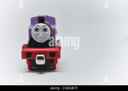 Die cast model of Rosie from Thomas the Tank Engine  set against a white background. Copy space is available Stock Photo