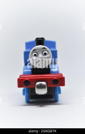 Die cast model of Thomas the Tank Engine  set against a white background. Stock Photo