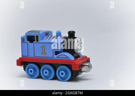 Die cast model of Thomas the Tank Engine  set against a white background. Copy space is available Stock Photo