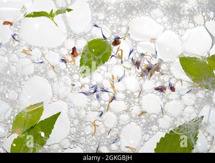 Mint leaves on soap foam background. Flat lay, top view. Stock Photo