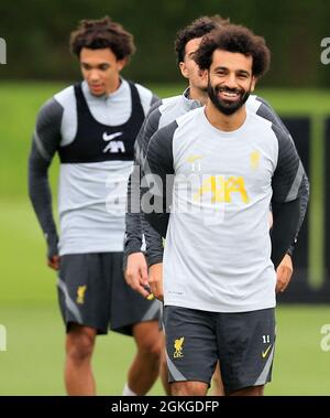 Kirkby, Knowsley, Merseyside, England, 14th September 2021: The  AXA Training Centre, Kirkby, Knowsley, Merseyside, England: Liverpool FC training ahead of Champions League game versus AC Milan on 15th September: Mohammed Salah of Liverpool Stock Photo