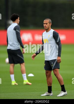 Kirkby, Knowsley, Merseyside, England, 14th September 2021: The AXA Training Centre, Kirkby, Knowsley, Merseyside, England: Liverpool FC training ahead of Champions League game versus AC Milan on 15th September: Thiago Alcantara of Liverpool Stock Photo