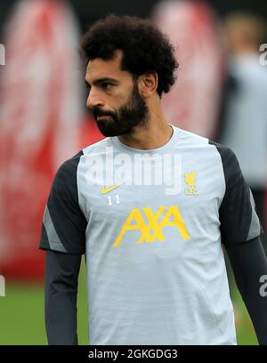 Kirkby, Knowsley, Merseyside, England, 14th September 2021: The  AXA Training Centre, Kirkby, Knowsley, Merseyside, England: Liverpool FC training ahead of Champions League game versus AC Milan on 15th September: Mohammed Salah of Liverpool Stock Photo