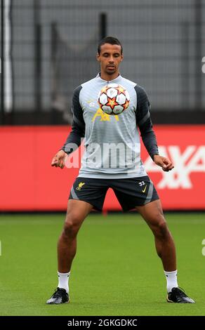 Kirkby, Knowsley, Merseyside, England, 14th September 2021: The  AXA Academy, Kirkby, Knowsley, Merseyside, England: Liverpool FC training ahead of Champions League game versus AC Milan on 15th September: Joel Matip of Liverpool controls the ball Stock Photo