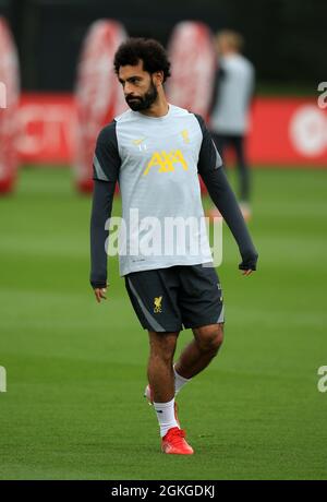 Kirkby, Knowsley, Merseyside, England, 14th September 2021: The AXA Training Centre, Kirkby, Knowsley, Merseyside, England: Liverpool FC training ahead of Champions League game versus AC Milan on 15th September: Mohammed Salah of Liverpool Stock Photo