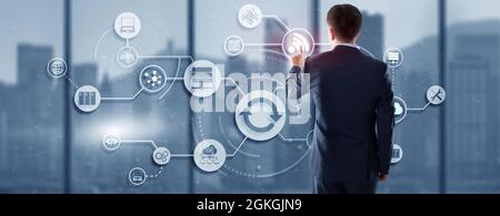 Man clicks on the Update icon. Upgrading concept. Stock Photo