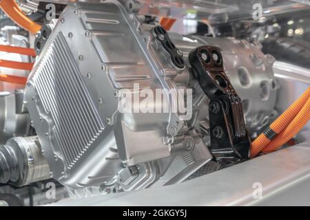 Detailed closeup of an electric car engine and spare parts Stock Photo