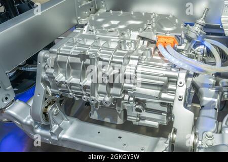 Detailed closeup of an electric car engine at a factory Stock Photo