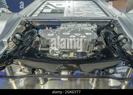 Detailed closeup of an electric car engine at a factory Stock Photo