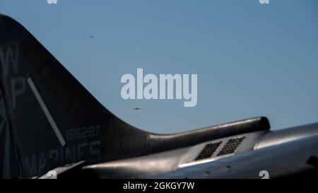 Two A-10 Thunderbolt IIs, from the 124th Fighter Wing, take off from Gowen Field, Boise, Idaho, April 19, 2021. The aircraft are flown by pilots from the 190th Fighter Squadron. Stock Photo