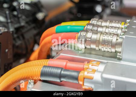 Detailed closeup of an electric car pipe line in engine cooling system Stock Photo