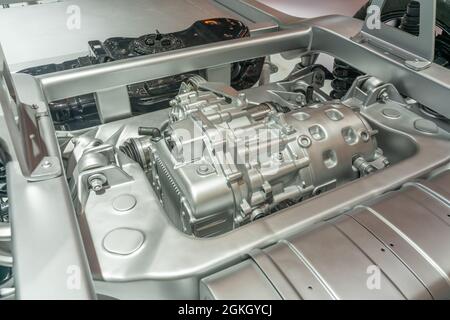 Detailed closeup of an electric car engine and spare parts Stock Photo