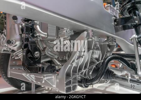 Detailed closeup of an electric car chassis and power transmission system Stock Photo