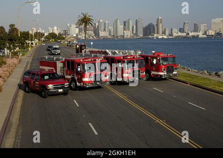 San Diego Fire-Rescue Station 1 lines up for a group photo on Harbor Island, near downtown San Diego Stock Photo