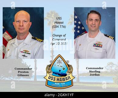 A graphic created to illustrate the incoming and outgoing commanding officers of the Virginia-class fast-attack submarine USS Hawaii (SSN 776). Stock Photo