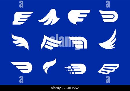 Collection of blue wings logos, icons and symbols. Fast delivery, motion and speed concept. Stock Vector