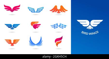 Collection of wings logos, icons and symbols. Fast delivery, motion and speed concept. Stock Vector