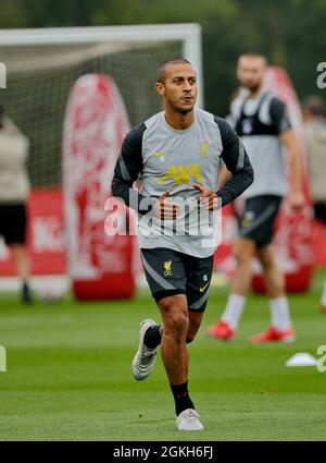 Kirkby, Knowsley, Merseyside, England, 14th September 2021: The Academy, KirkbyKnowsley, Merseyside, England: Liverpool FC training ahead of Champions League game versus AC Milan on 15th September:  Thiago Alcantara during this afternoon's open training session Stock Photo