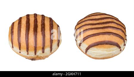 Sweet fried donuts decorated by chocolate icing strips. Two doughnuts baked of leavened dough with nutty nougat filling. Yummy bakery products detail. Stock Photo