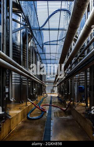 Large tanks for fermentation in the modern winery. Stock Photo