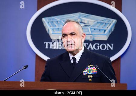 U.S. Navy Adm. Chas Richard, commander, U.S. Strategic Command speaks with members of the press from the Pentagon Press Briefing Room, Pentagon, Washington, D.C., April 22, 2021. Stock Photo