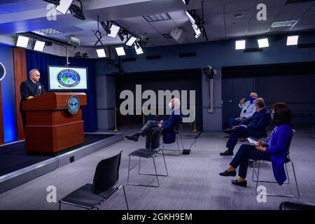 U.S. Navy Adm. Chas Richard, commander, U.S. Strategic Command speaks with members of the press from the Pentagon Press Briefing Room, Pentagon, Washington, D.C., April 22, 2021. Stock Photo