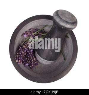 A dark mortar with a bunch of lavender. Top view, close-up. Aromatherapy. Stock Photo